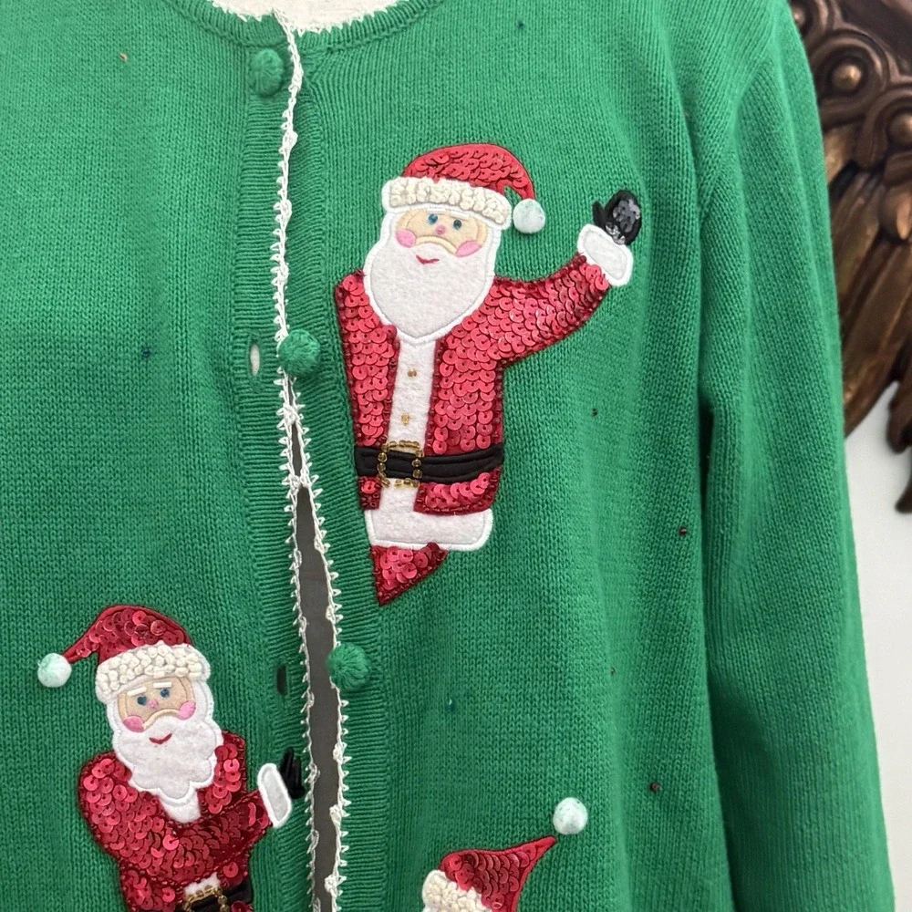 Quacker Factory Christmas Sweater M Green Sequin Santa Cardigan Beaded Vintage F